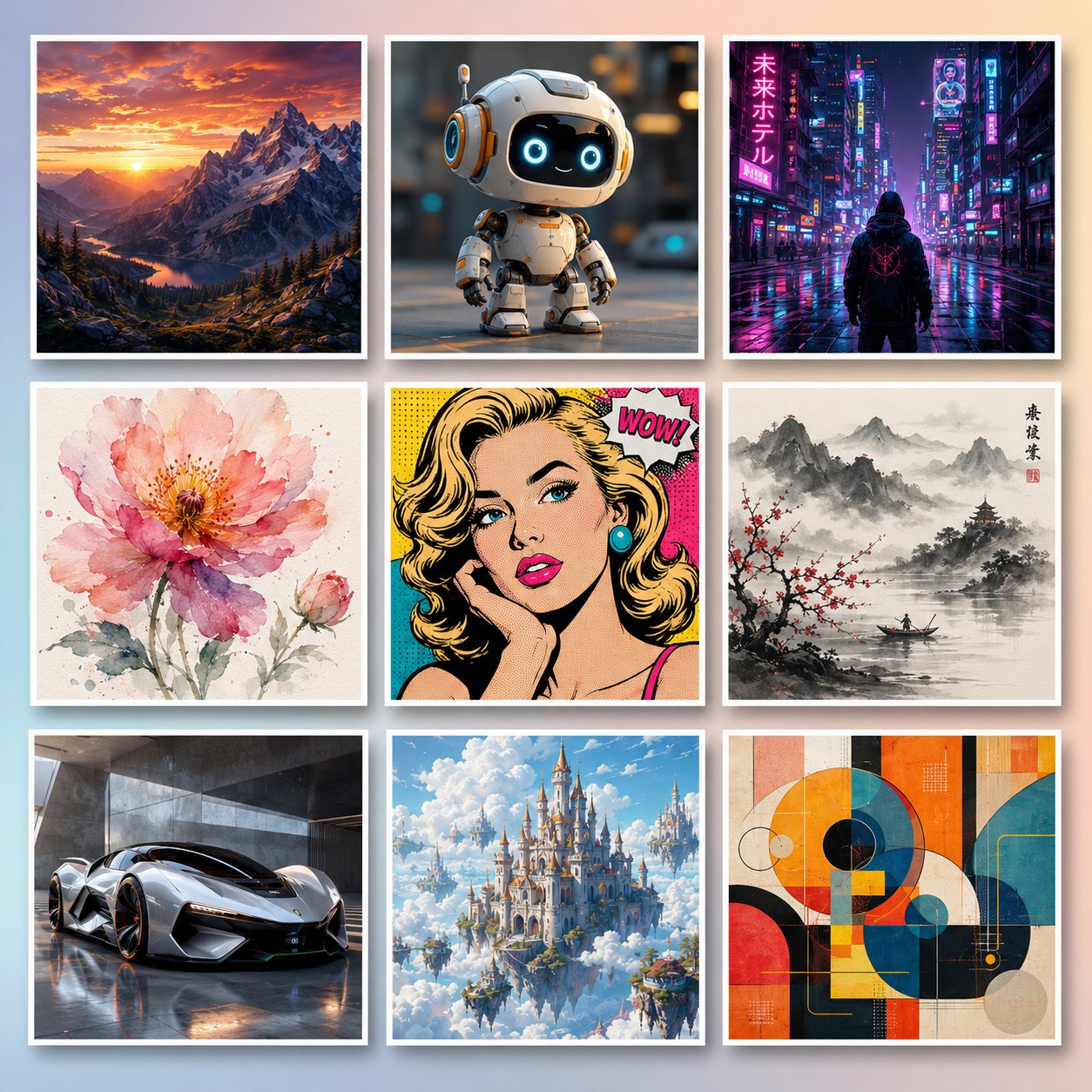 AI Image Generator Showcase — 9-Style Grid