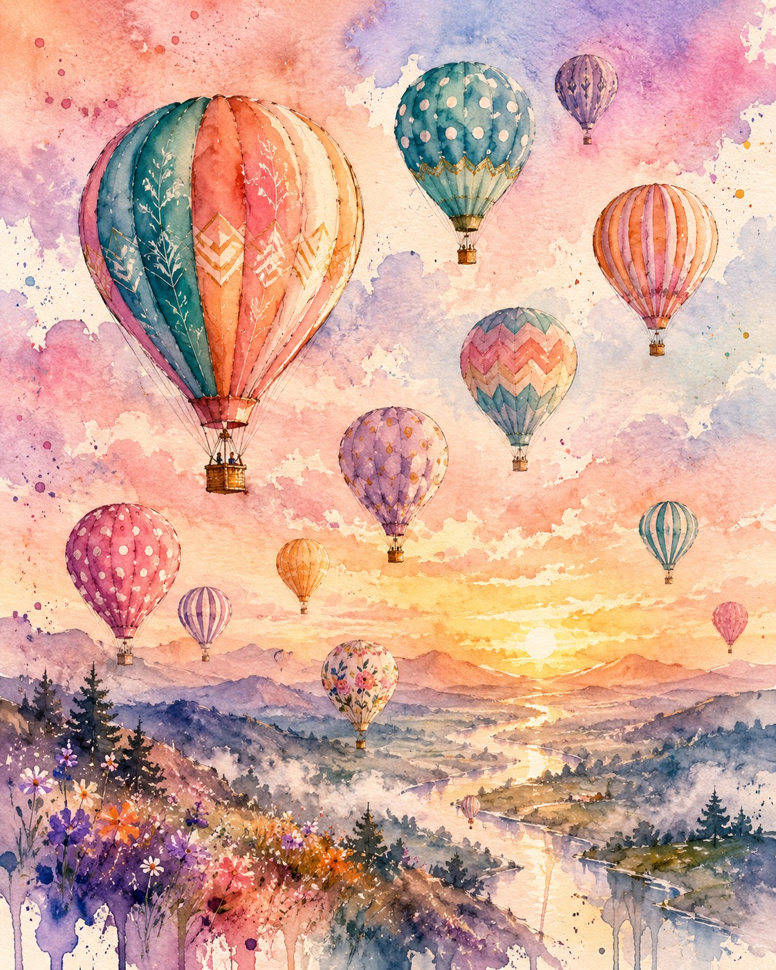 Watercolor Hot-Air Balloon Festival at Sunrise